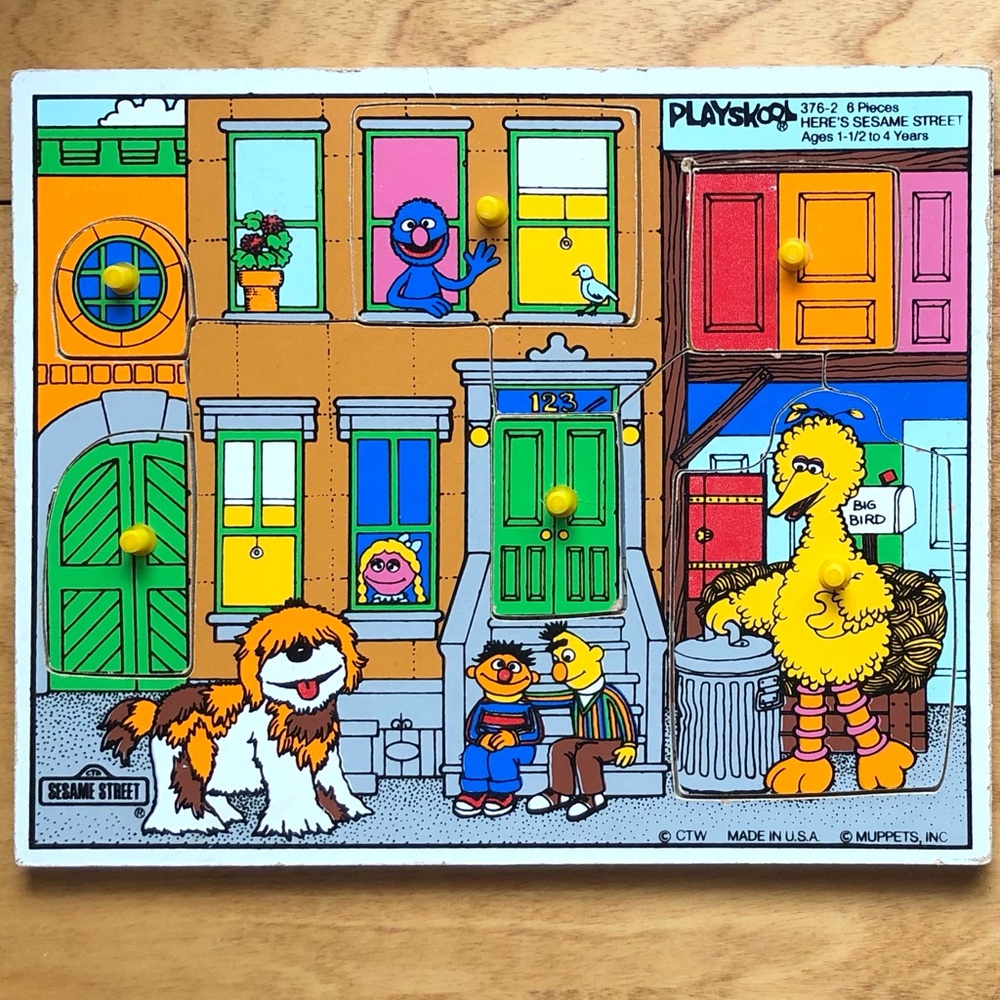 Vintage Sesame Street Playskool Wood Tray Puzzle 6 Pegged Pieces Toddler
